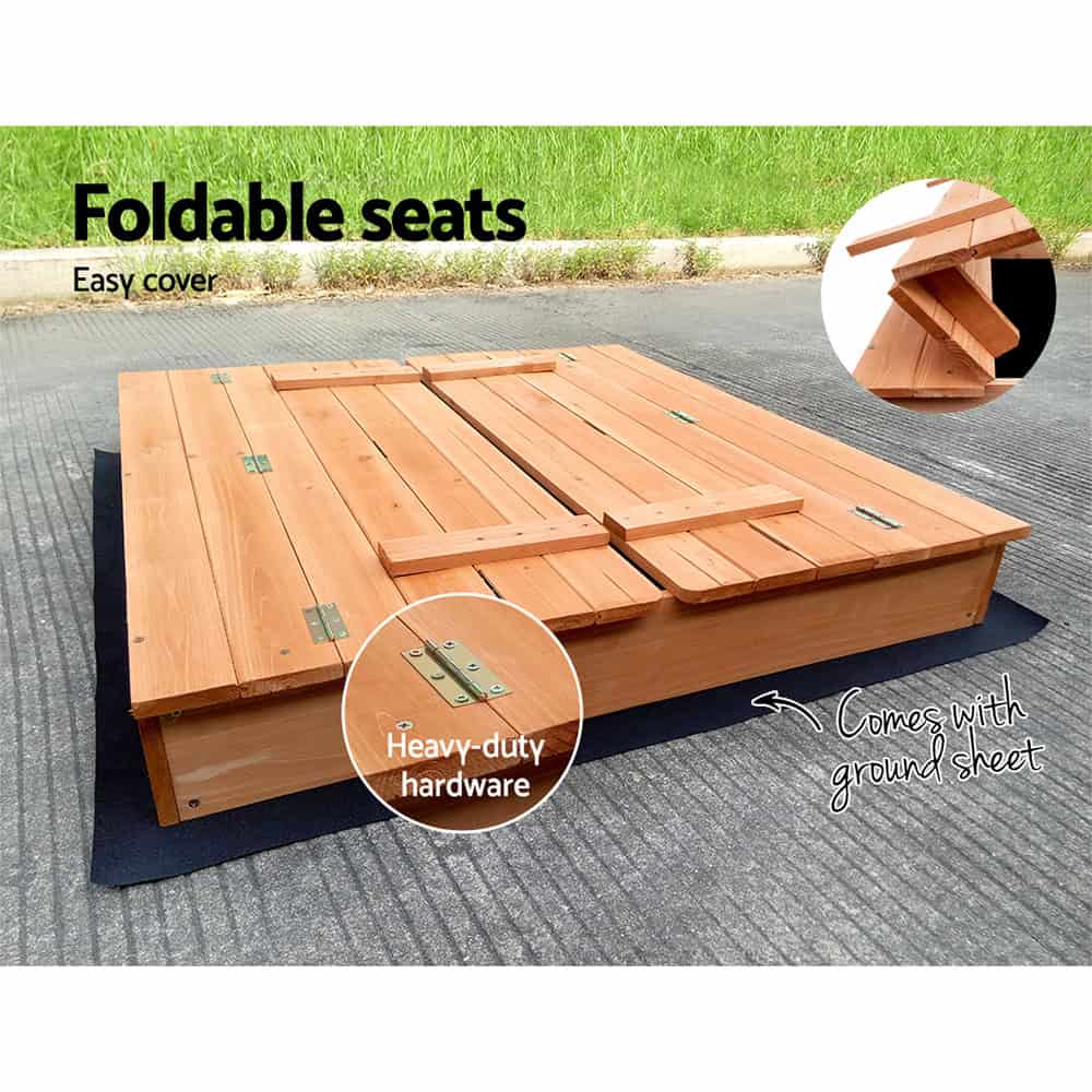 Keezi Foldable Wooden Sandpit for Kids – Outdoor Sandbox with Bench Seat & Ground Sheet (95x90cm)