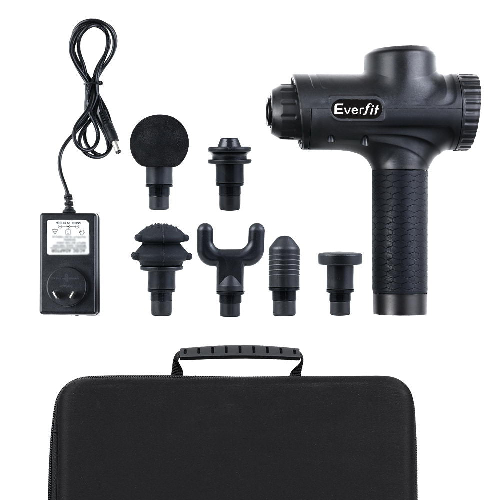 Everfit Deep Tissue Massage Gun – 30 Speed Percussion Massager with 6 Heads (Black)