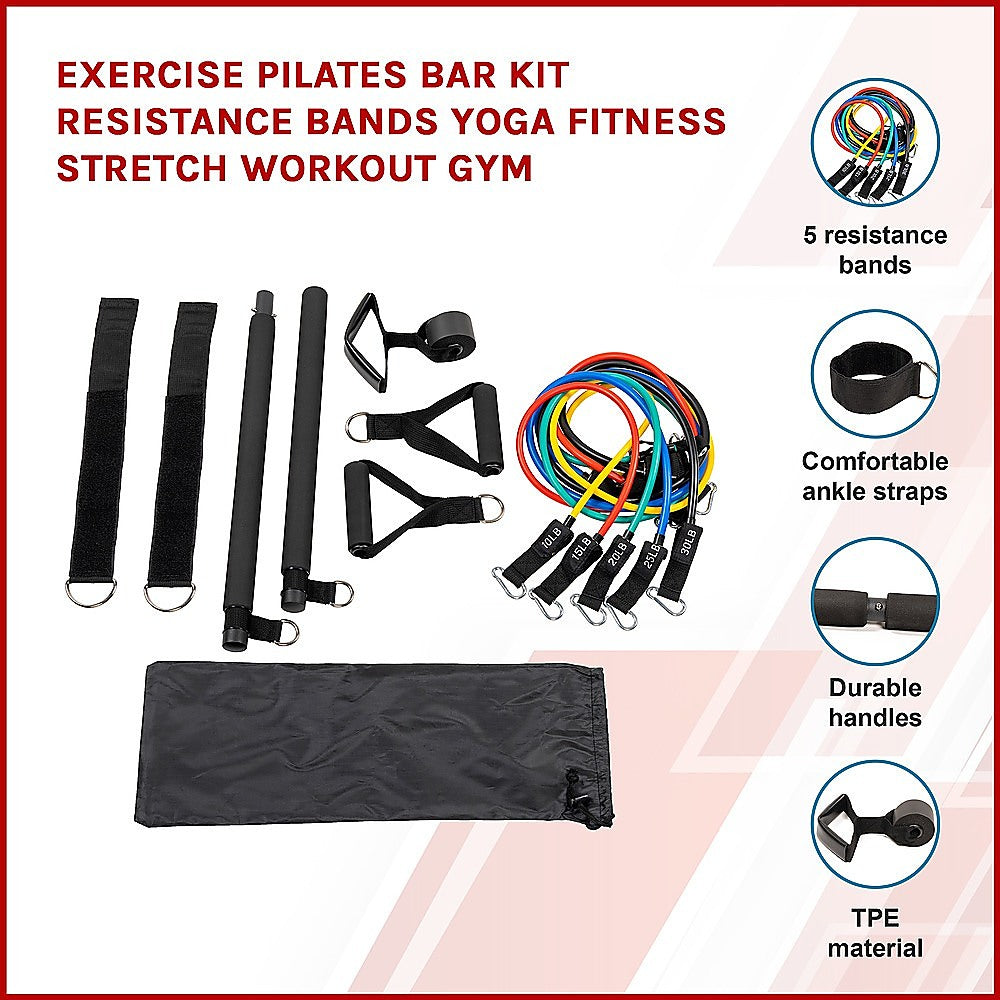 Pilates workout kit box with bar, bands, and accessories included