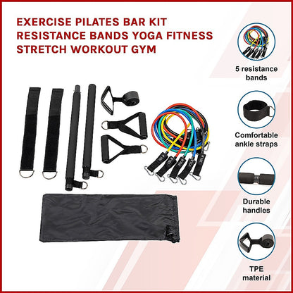 Pilates workout kit box with bar, bands, and accessories included