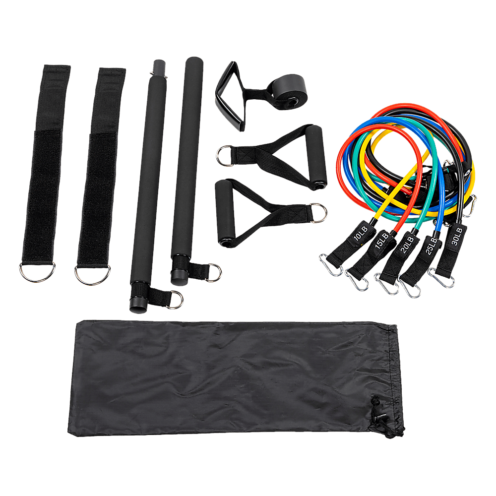 Complete Pilates bar kit with resistance bands and ankle straps - flat lay