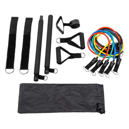 Complete Pilates bar kit with resistance bands and ankle straps - flat lay