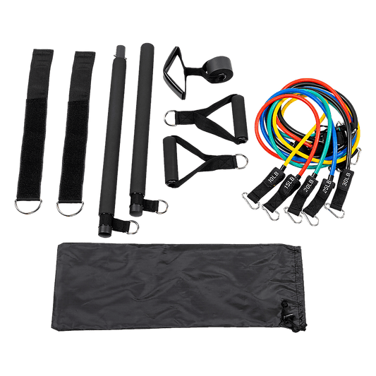 Complete Pilates bar kit with resistance bands and ankle straps - flat lay