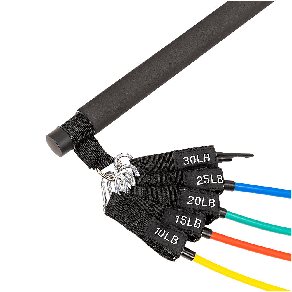 Foam-grip Pilates bar with metal clips and 5 resistance bands
