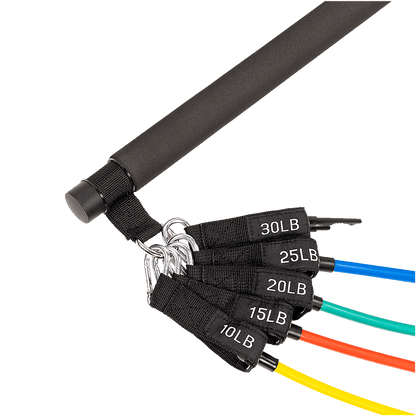 Foam-grip Pilates bar with metal clips and 5 resistance bands
